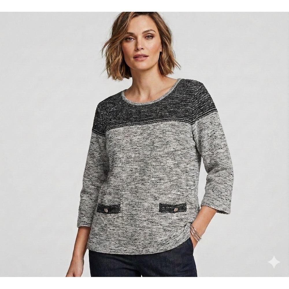 Karl Lagerfeld Tweed Knit Top Black and White Front Pocket Button Detail Large.